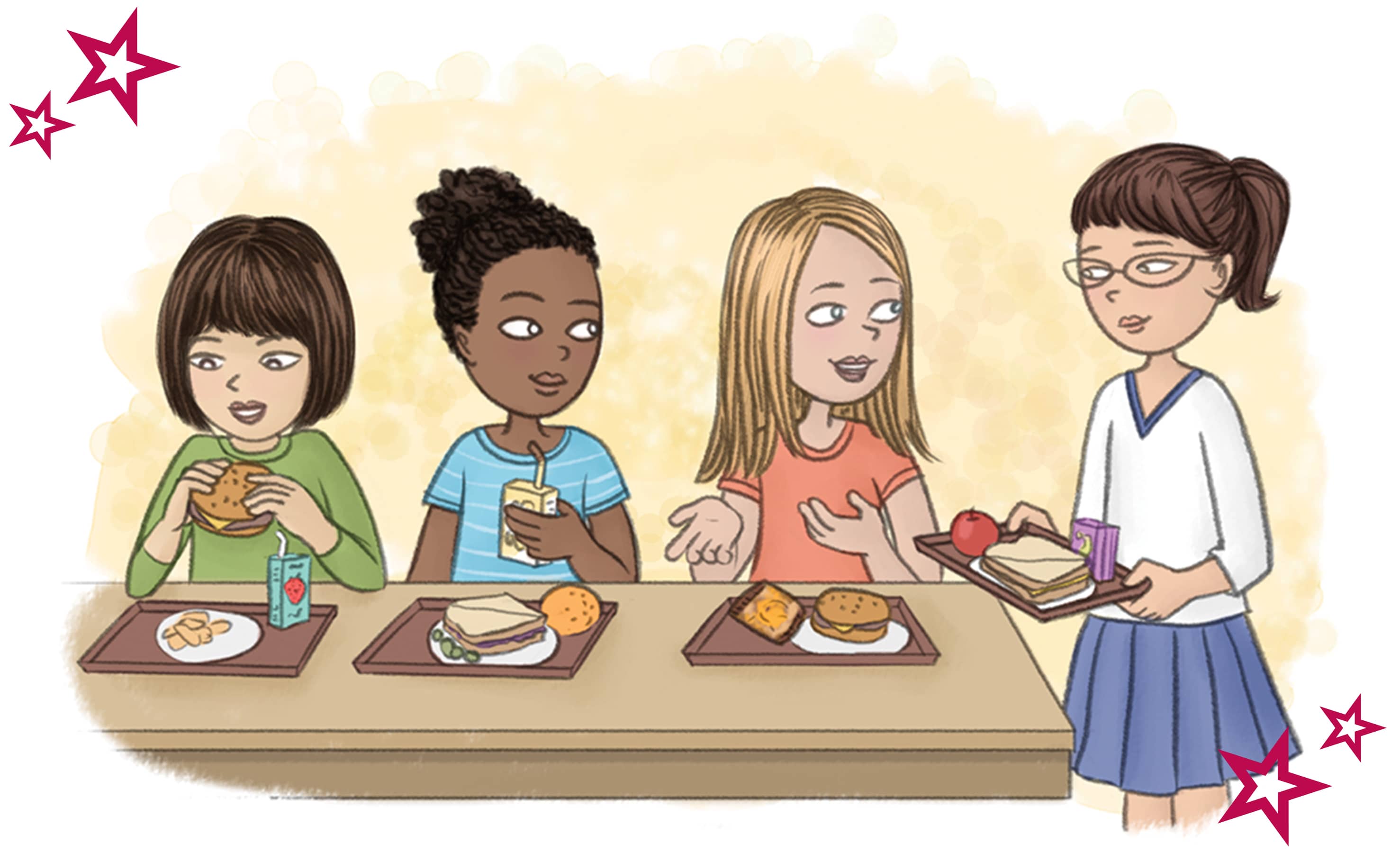 Illustrated girls sitting at lunch table